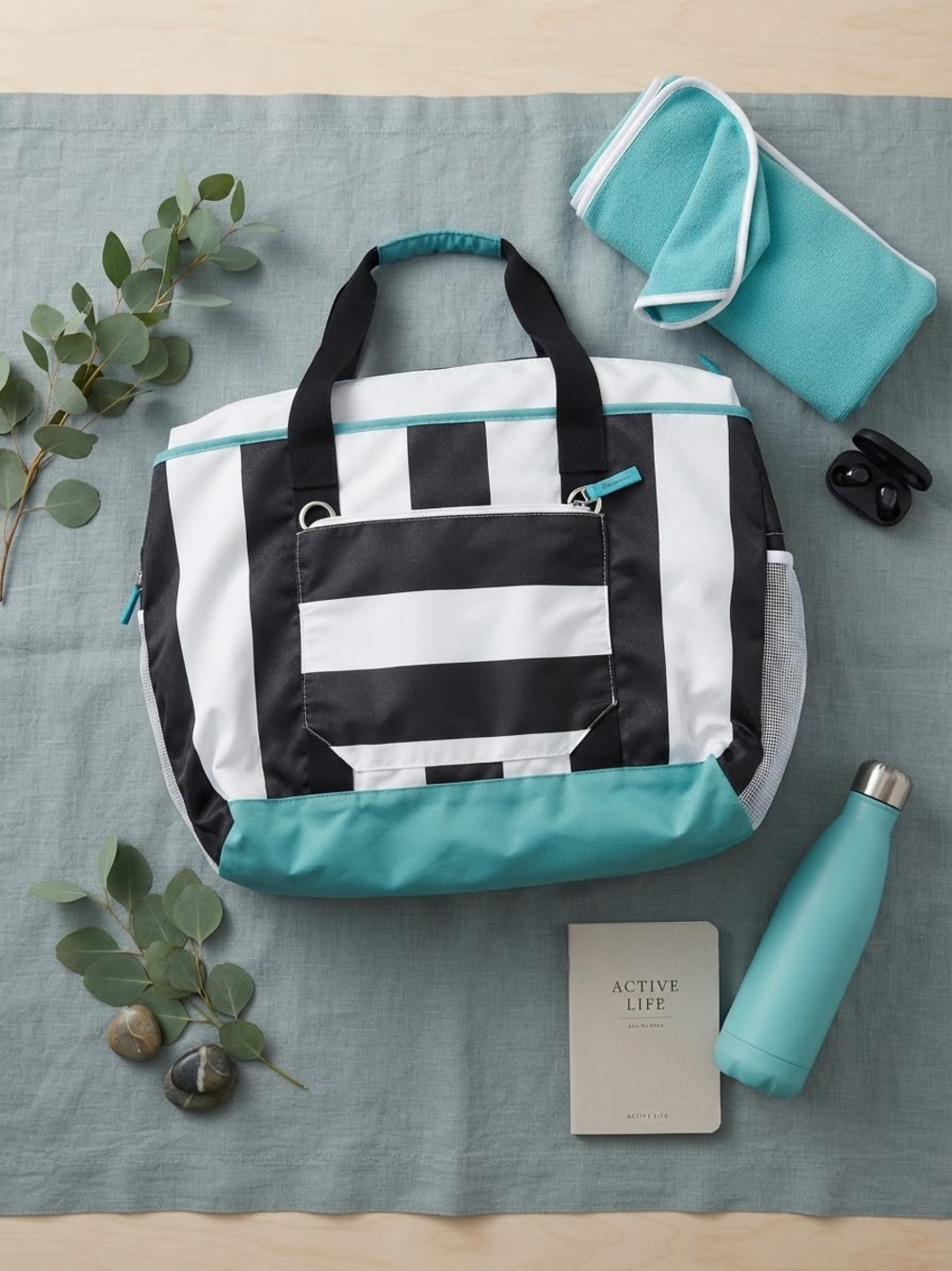 Black & White Stripe Tote with Teal Accent - Women's Bag